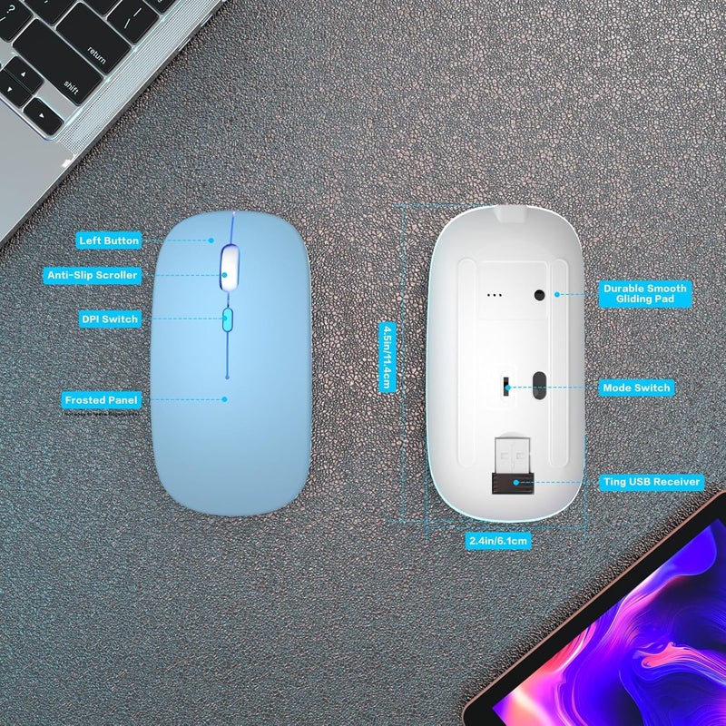 AOLIKOKO فأرة بلوتوث لاسلكية قابلة لإعادة الشحن للكمبيوتر المحمول مع إضاءة LED، استخدام محمول (BT5.2 و USB 2.4G) اتصال مزدوج، فأرة كمبيوتر صامتة ونحيفة للكمبيوتر المحمول / جهاز iPad اللوحي / Apple MacBook / PC (أزرق) - Image 5